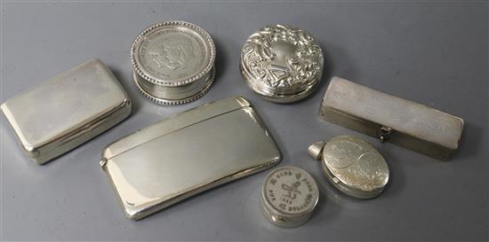 An Edwardian silver card case, a George III silver snuff box (a.f) and five other modern boxes including mother of pearl.